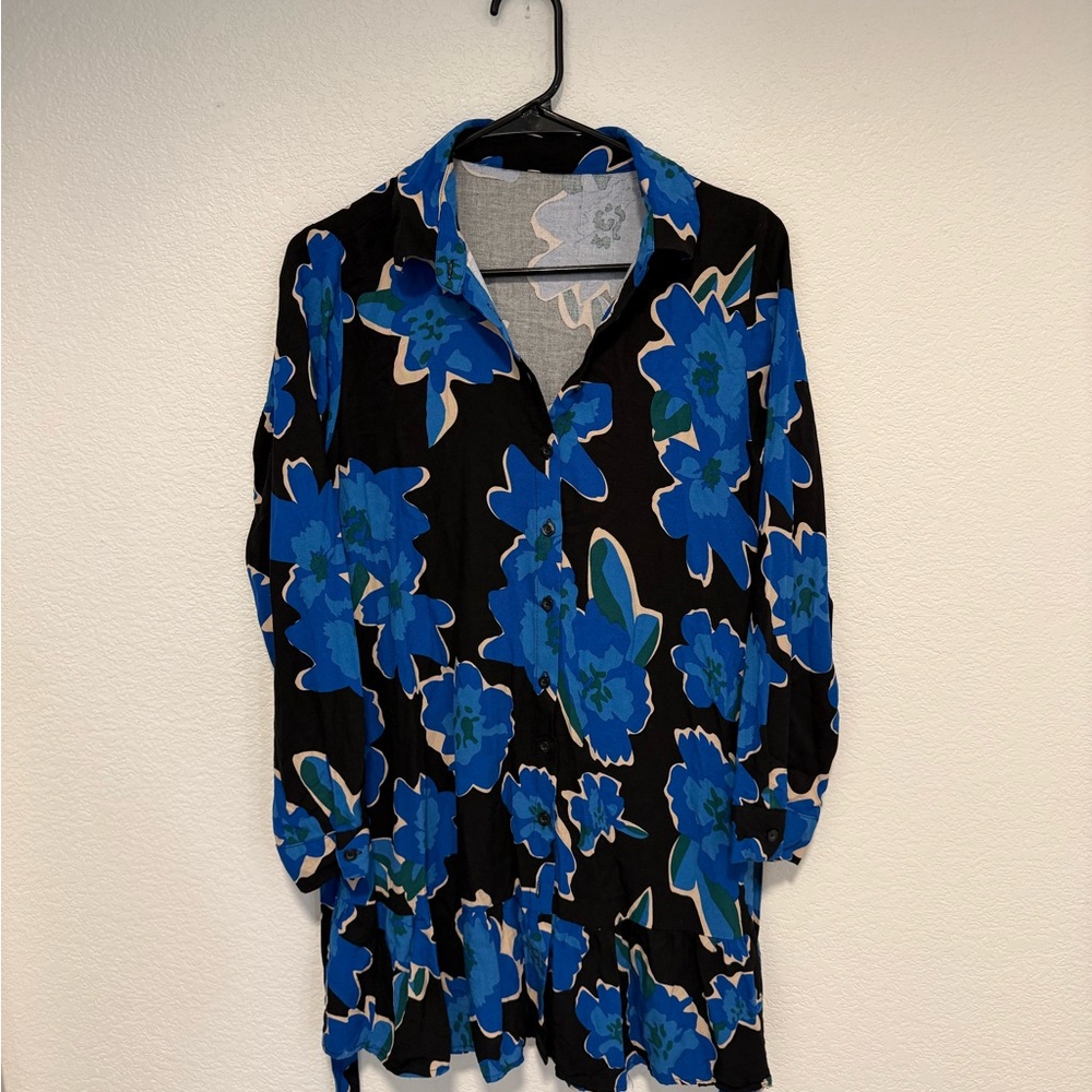 Linen Floral Black and Blue Blouse Shirt Dress